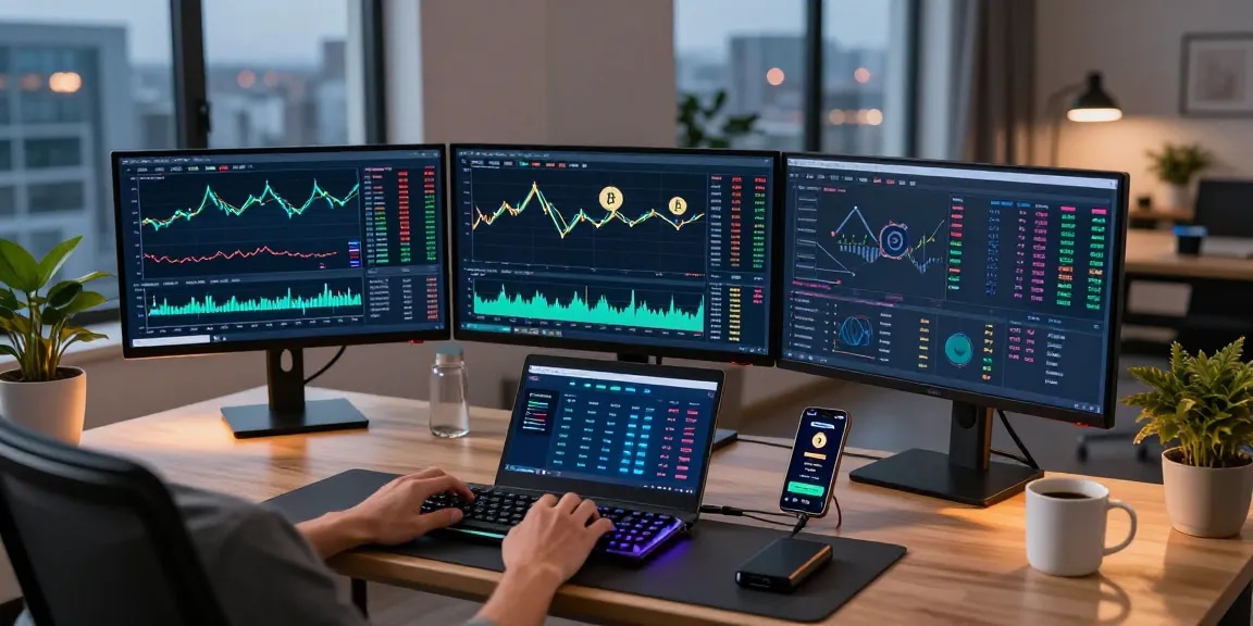 Cricbet99 trading workspace showcasing cryptocurrency analysis on screens and digital wallets.