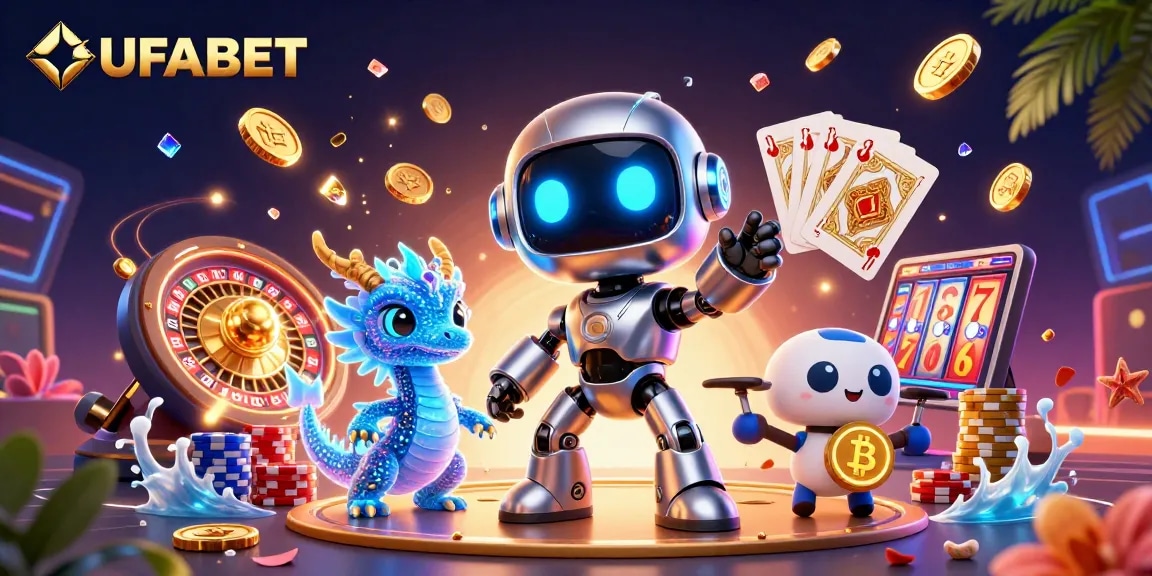 Experience thrilling gambling with UFABET, featuring a cyberpunk robot and vibrant casino elements.