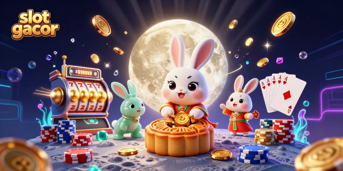 Experience slot gacor excitement with a moon rabbit and poker chips in a dynamic casino scene.