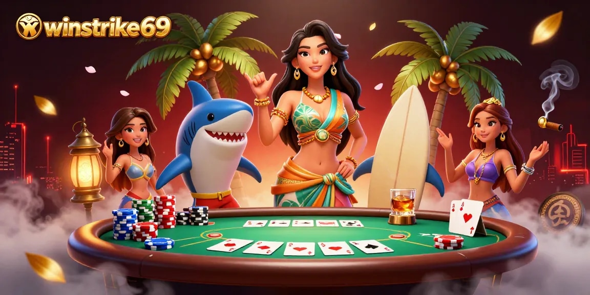 Winstrike69 highlights an energetic scene with a glamorous beach goddess, poker elements, and vibrant casino atmosphere.