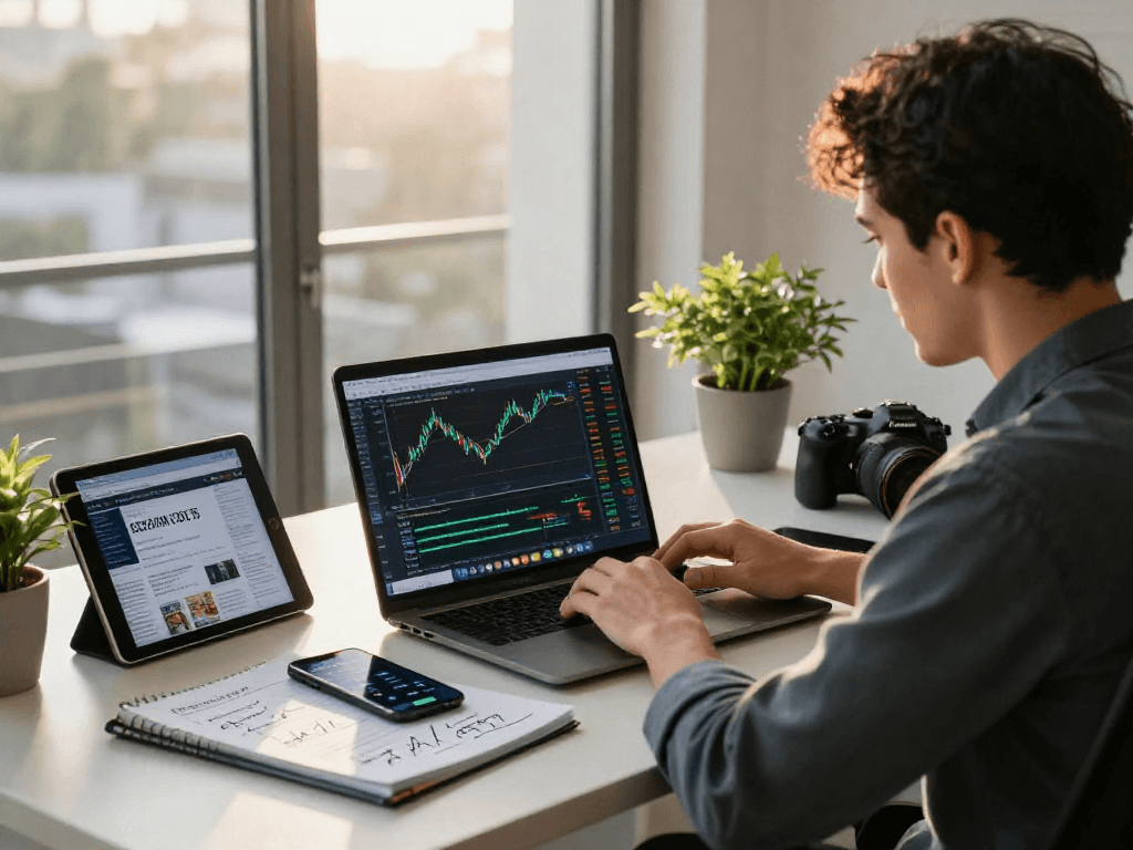 Financial analyst using MetaTrader 5 in a modern workspace, analyzing market depth and trading charts.