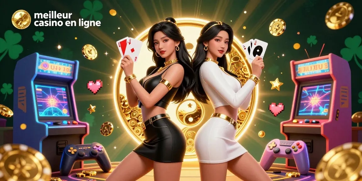 Vivez l'excitation au meilleur casino en ligne avec des visuels 3D époustouflants de femmes asiatiques jumelles tenant des cartes au milieu d'éléments de jeu vibrants.