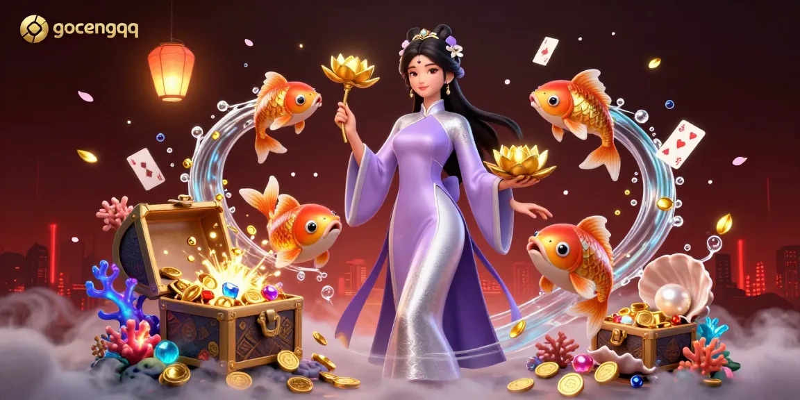 Experience the thrill of gocengqq with an alluring depiction of golden koi fish and a graceful character in a lively gambling scene.