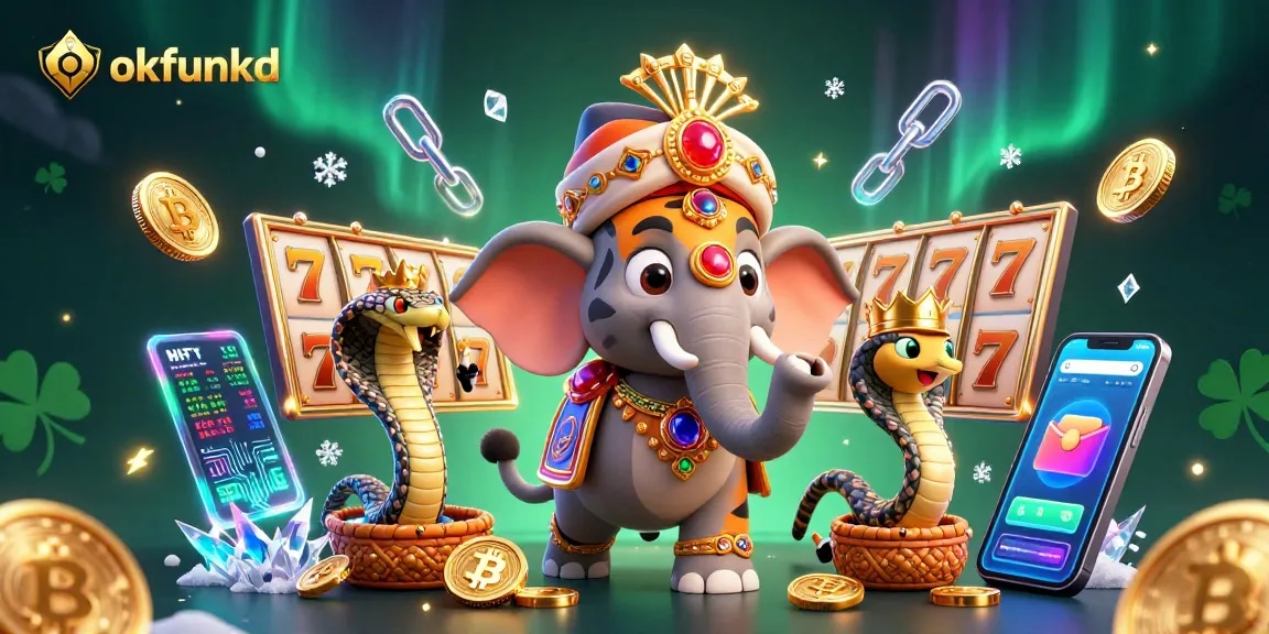 Join the exciting action at okfunkd with a vibrant illustration showcasing slot elements and a majestic character.
