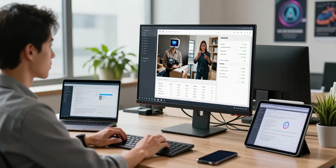 Using a free AI image detector to analyze images on a computer screen in a modern workspace.