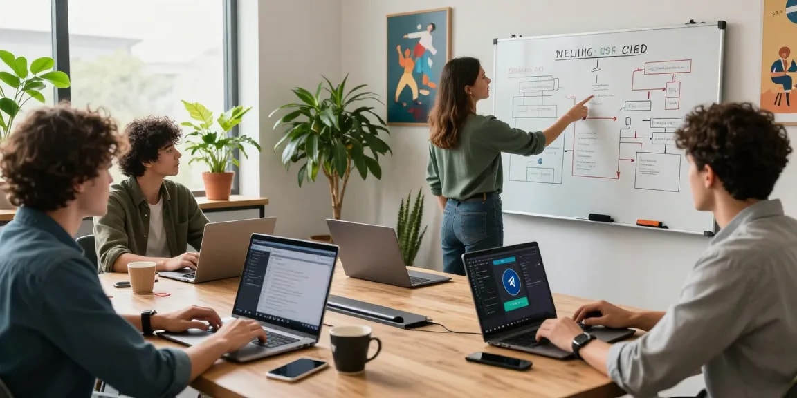 Team collaboration using telegramin-cn.com for project management in a bright modern office.