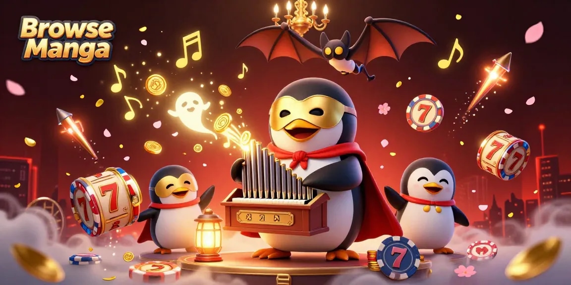 Experience the excitement of Browse Manga with vivid illustrations of an opera penguin, golden coins, and casino elements.