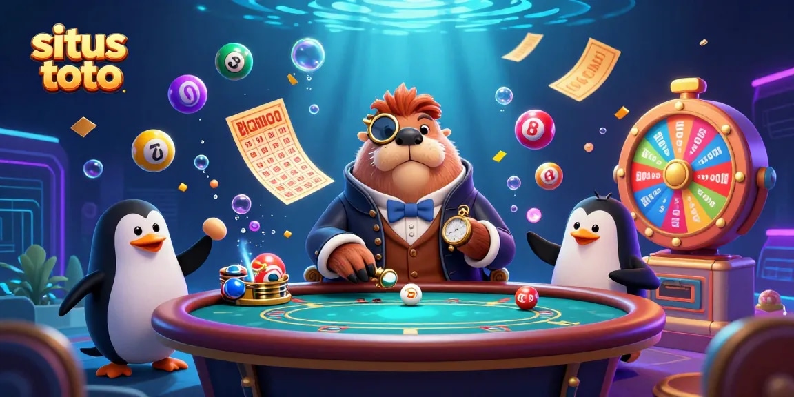 Engage in exciting games at situs toto with vibrant lottery balls and animated casino elements.