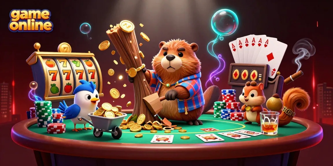 Play thrilling game online with animated characters at a lively casino scene featuring beaver, bird, and squirrel.