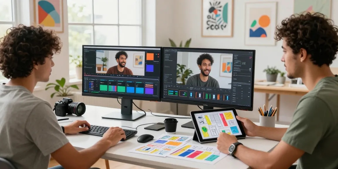 Content creators using seedance 2.0 in a dynamic workspace, showcasing vibrant video production collaboration.