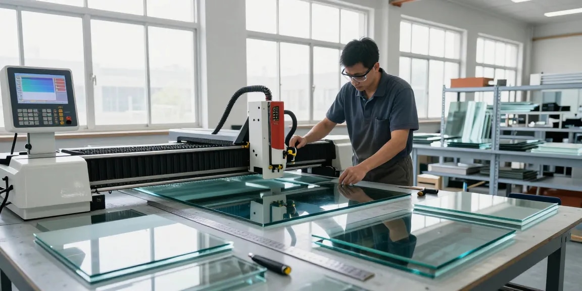 Technician operating a glass cutting table in an industrial workshop showcasing precision glass processing.
