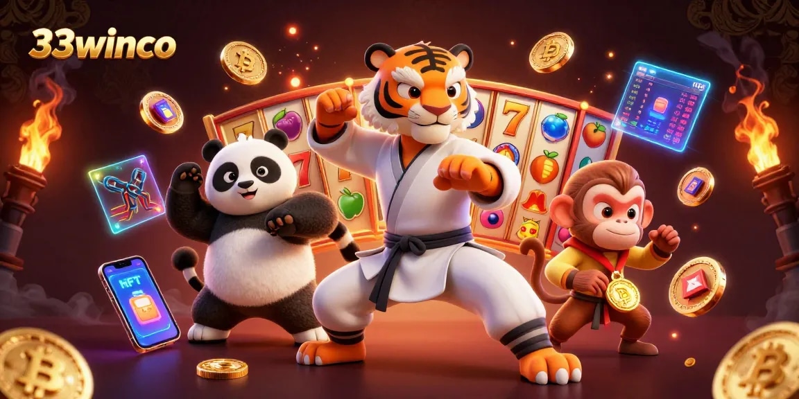 Play at 33winco with vibrant slot reels and a kung fu tiger master in action.