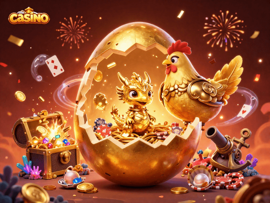 Experience the thrill of the casino with a golden dragon and poker chips in a vibrant 3D illustration.