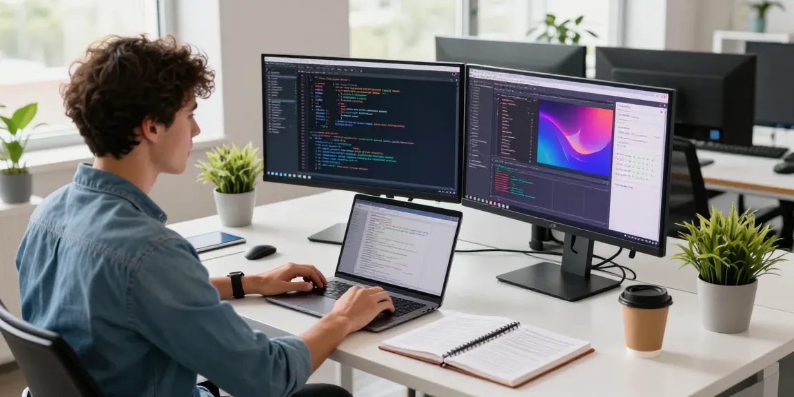 Engaging workspace for coding and development featuring 纸飞机中文版 on dual monitors in a bright office