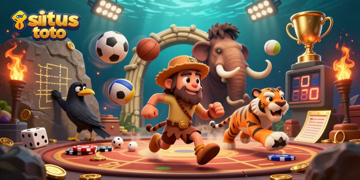 situs toto showcases a lively prehistoric casino with a caveman and sabertooth tiger amidst dynamic sports elements.