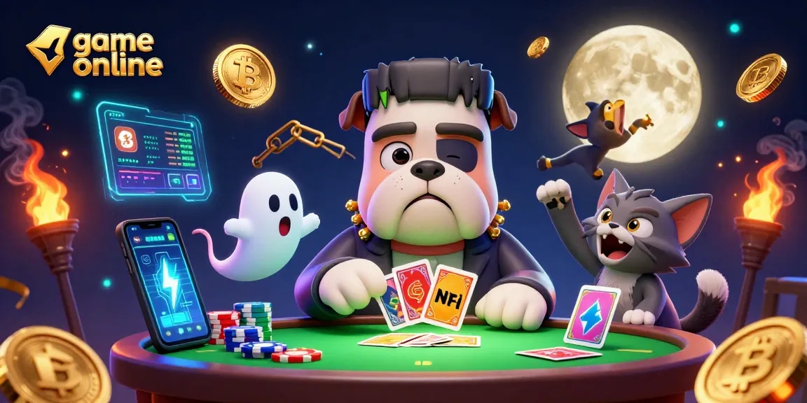 Engage in thrilling game online activities as a Frankenstein bulldog deals cards amid a ghostly scene.