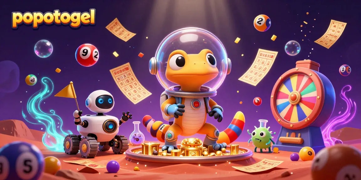 Engage with popotogel's vibrant gambling scene featuring a Martian gecko discovering a golden casino.