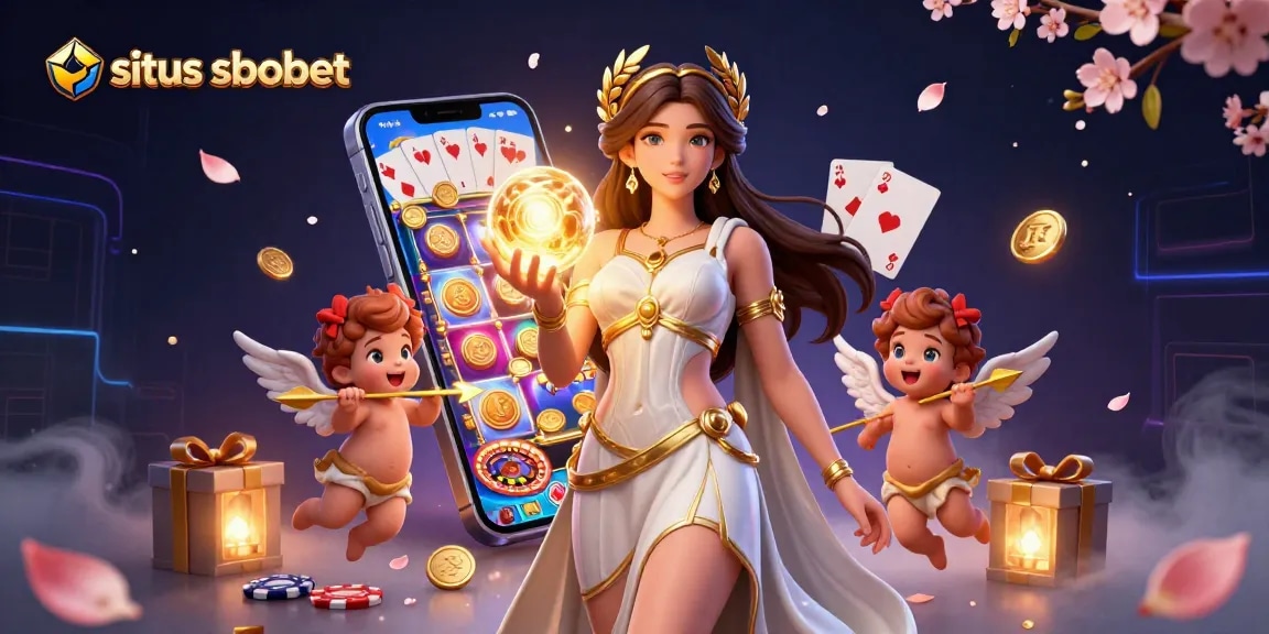 Situs sbobet showcases a stunning 3D goddess and Cupid cherubs amid vibrant casino elements like slot games and golden coins.