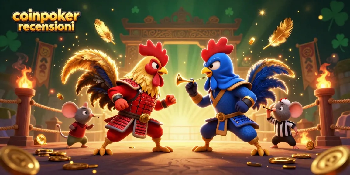 CoinPoker recensioni: combattimento tra galli cartoon in un'arena di gioco con atmosfera vivace.