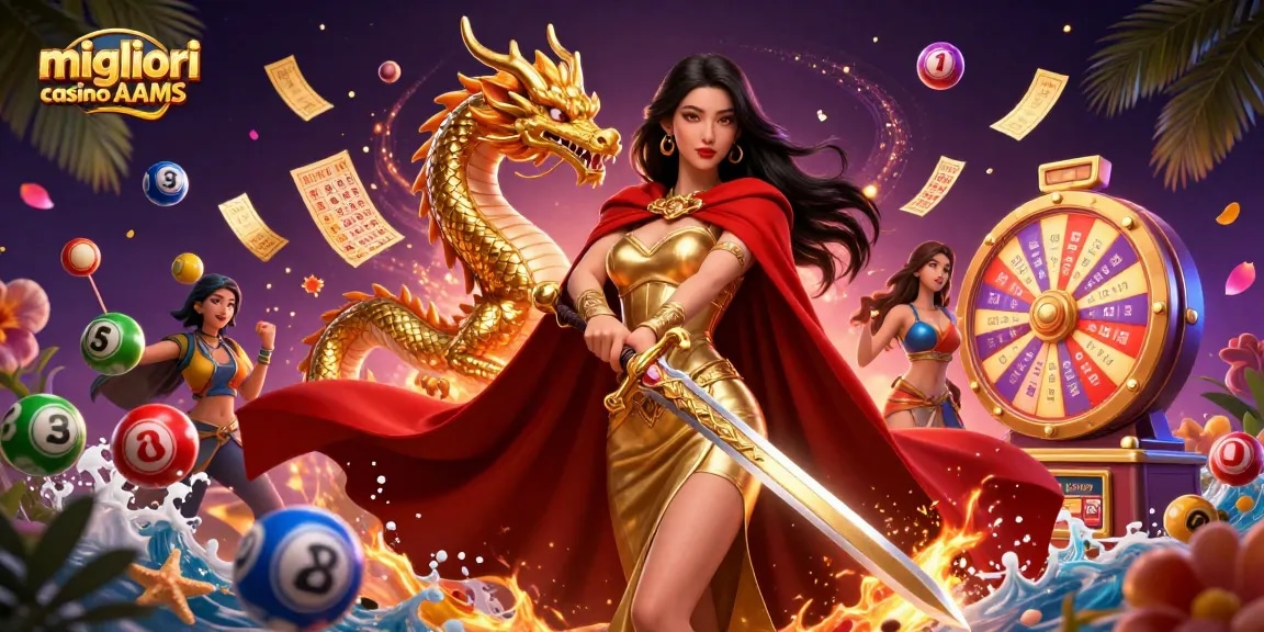 Scopri l'azione dei migliori casino non AAMS con elementi di gioco vivaci e un'illustrazione di una regina guerriera.