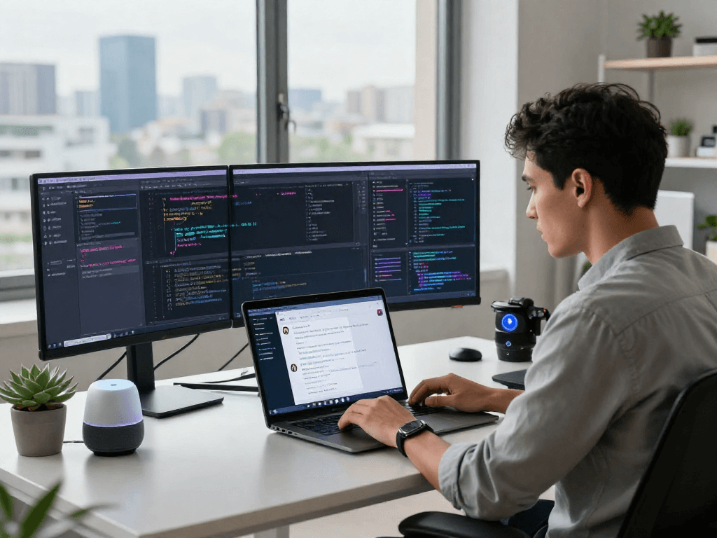 AI gf in a modern tech workspace with virtual assistant interactions and data visualizations.