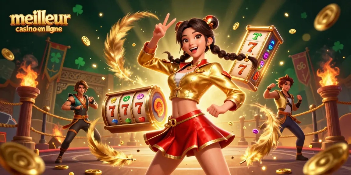 Jouez au meilleur casino en ligne mettant en vedette une femme asiatique dynamique célébrant avec des rouleaux de machines à sous colorés et des confettis.