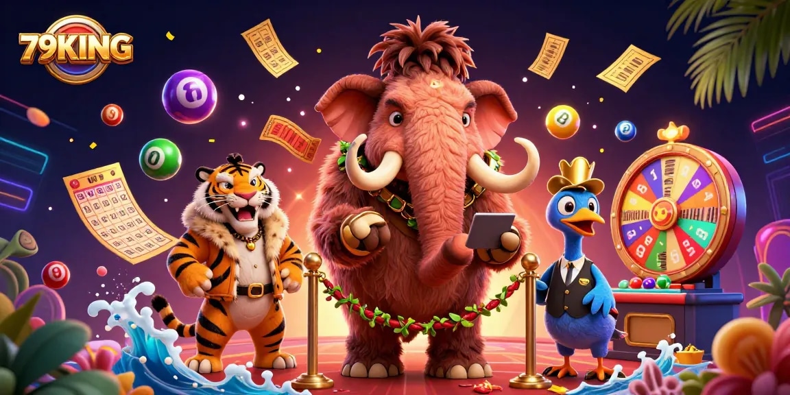 79KING welcomes players with a vibrant casino scene featuring unique animal characters and dynamic lottery elements.