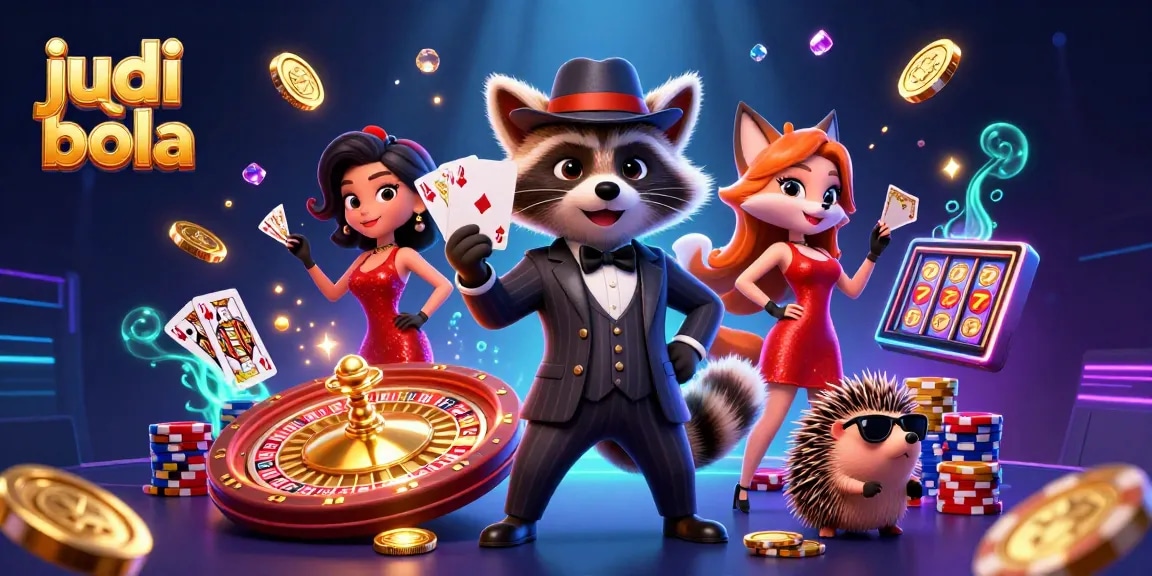 Experience judi bola excitement with a suave raccoon, a glamorous fox, and vibrant casino elements.