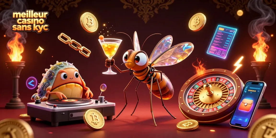 Explorez le meilleur casino sans KYC avec une illustration de jeu dynamique et des éléments de crypto-monnaie.