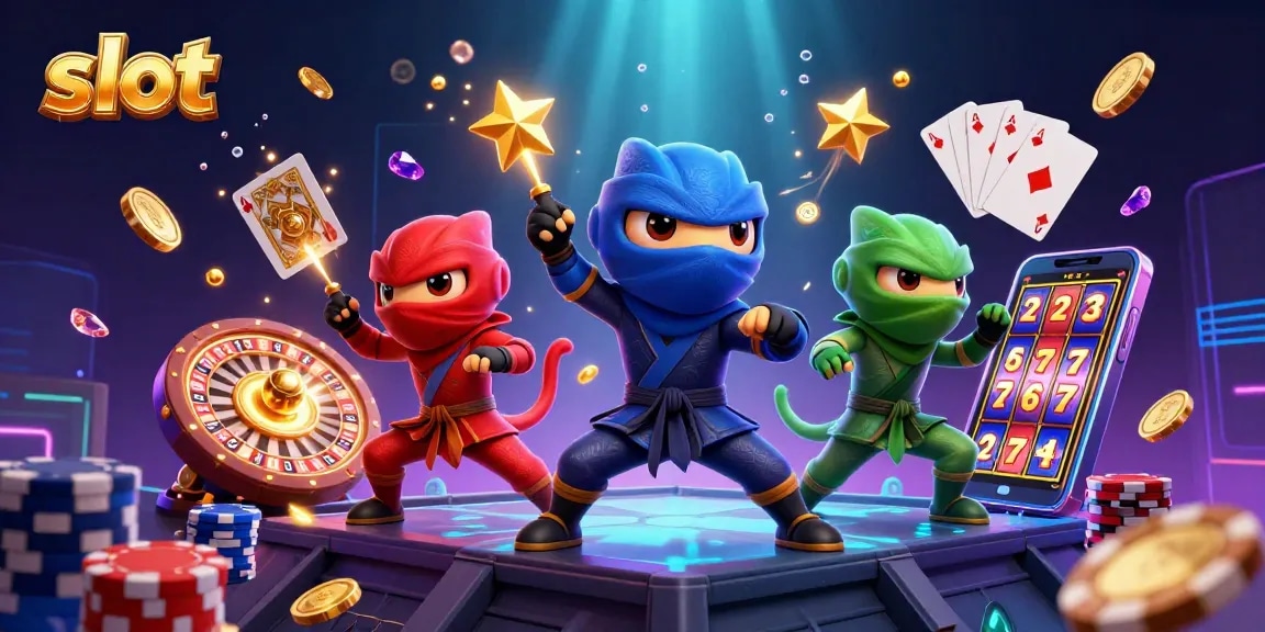 Engage with thrilling slot action while colorful chameleon ninjas unleash luck in a vibrant casino scene.