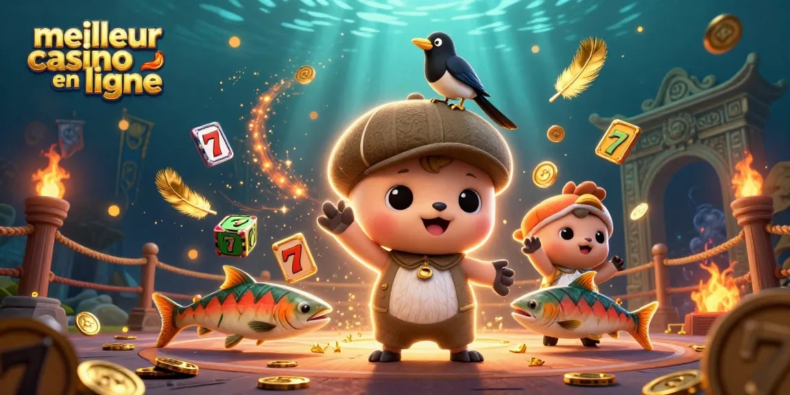 Vivez l'excitation du meilleur casino en ligne avec une scène fantaisiste mettant en vedette des personnages de dessin animé et des éléments de casino.