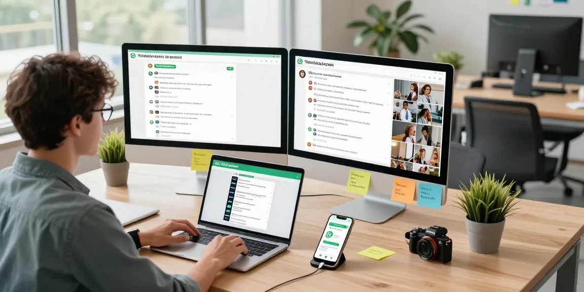 An engaging workspace showcasing WhatsApp網頁版 in use on dual monitors, reflecting modern tech communication.