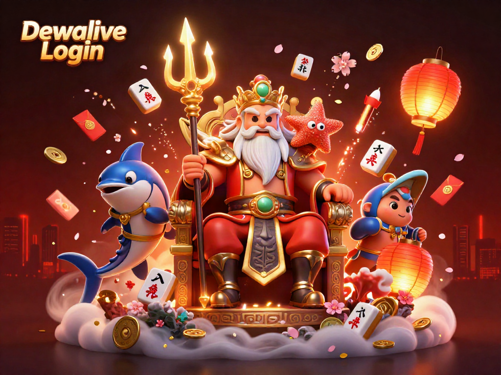 Experience the thrill of gambling with Dewalive Login, featuring Neptune and vibrant game elements in a 3D illustration.