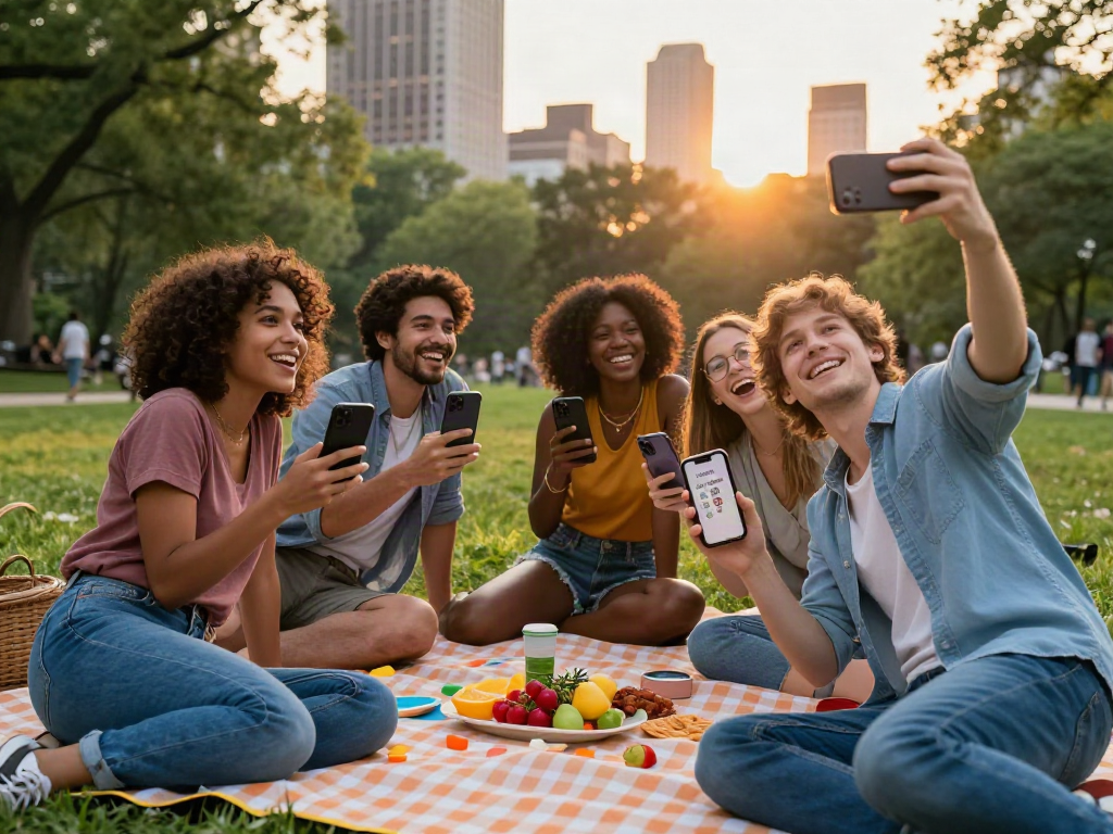 Friends in a city park comparing their attractive test scores while enjoying a picnic.