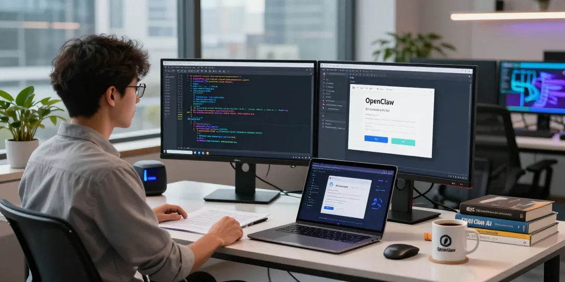 OpenClaw AI setup scene depicting a developer deploying the innovative personal assistant on dual monitors in a vibrant tech workspace.