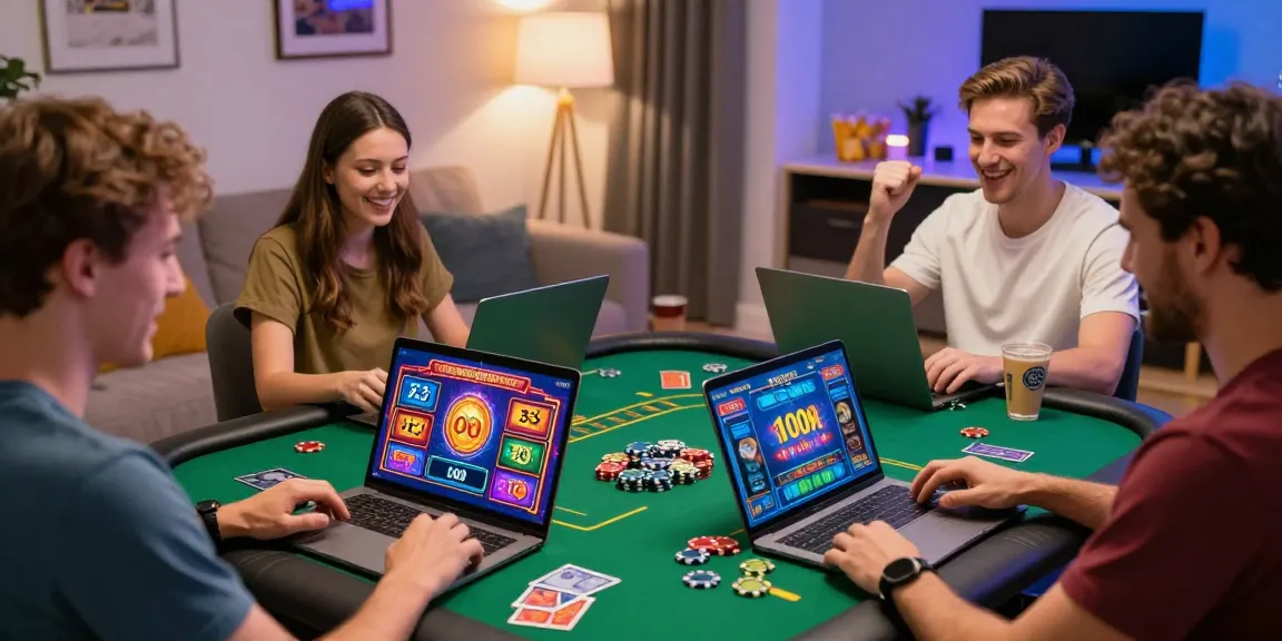 Engaging online casinos Australia scene with diverse players enjoying games on laptops and mobile devices in a cozy home setting.