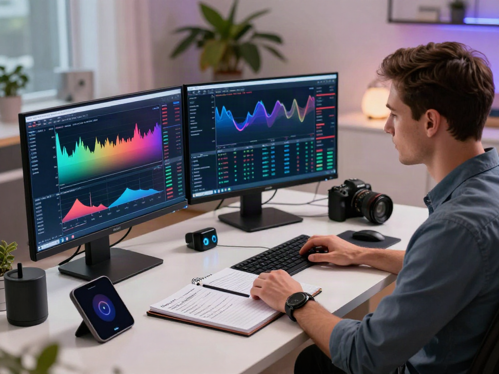 Trader analyzing TradingView charts in a modern home office