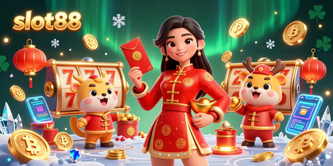 Win big at slot88 with colorful characters, slot reels, and crypto coins in this vibrant casino scene.