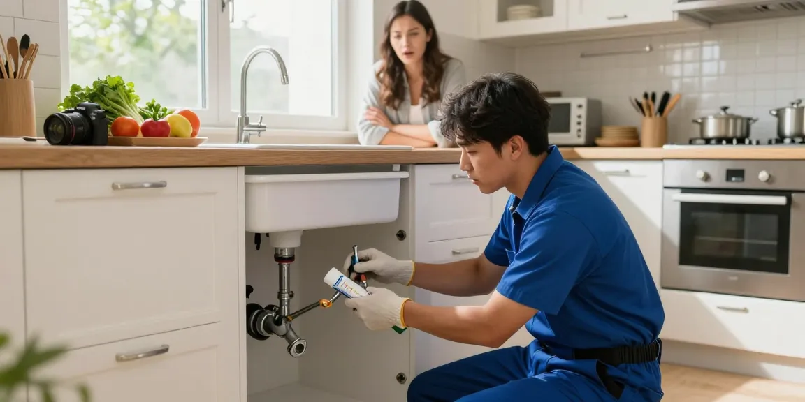 Rushden emergency plumber fixing a leak in a cozy kitchen, showcasing professionalism and urgency in a home setting.