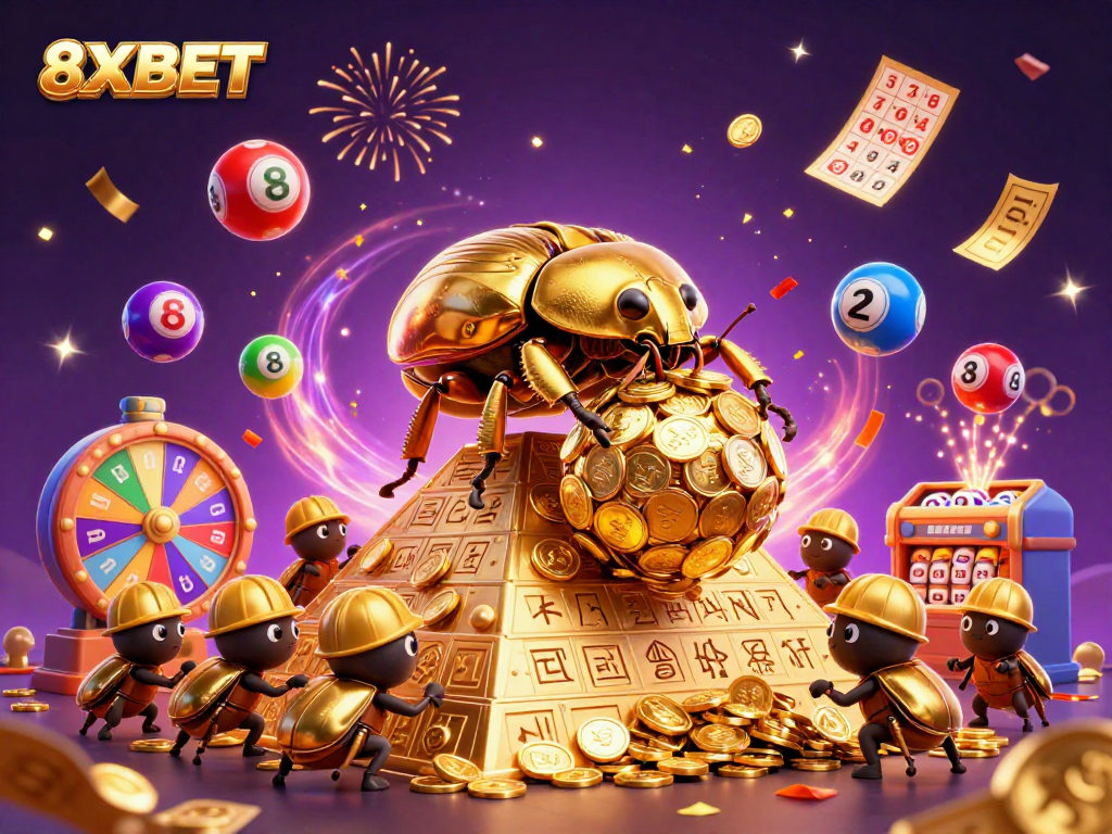 Celebrate at 8XBET with a vibrant 3D illustration of a golden beetle and casino symbols.