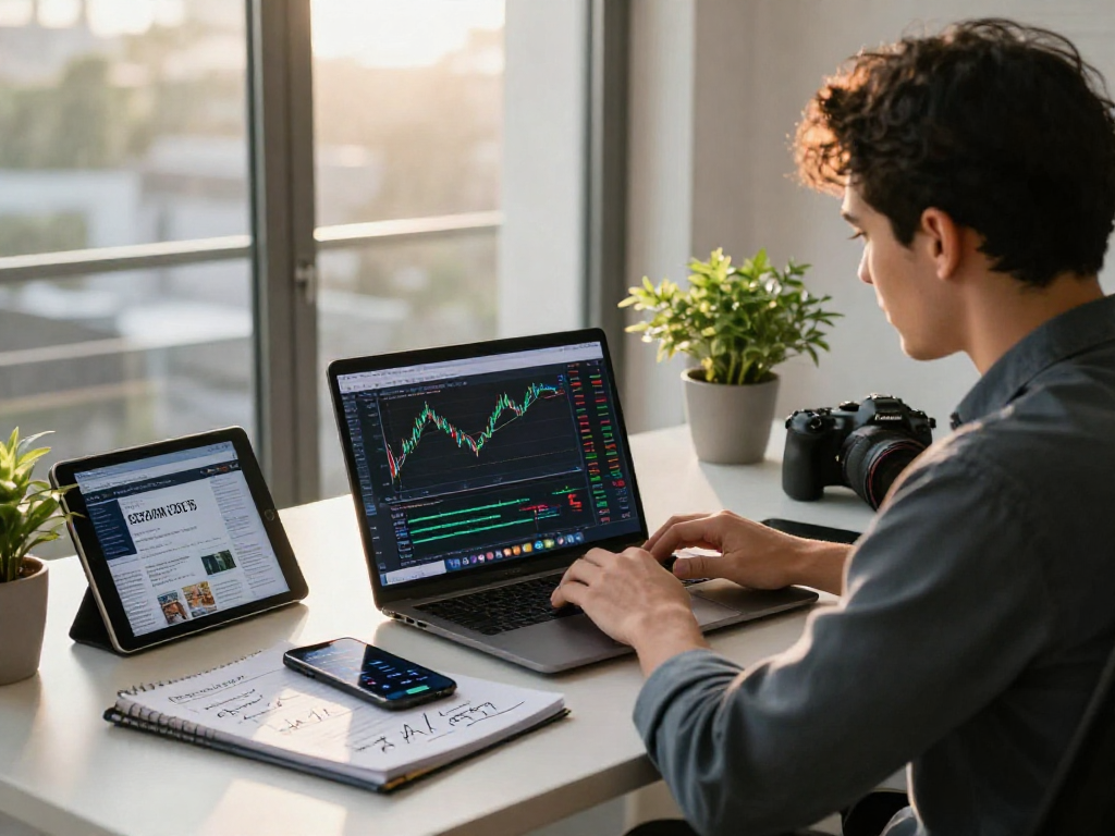 Financial analyst using MetaTrader 5 in a modern workspace, analyzing market depth and trading charts.