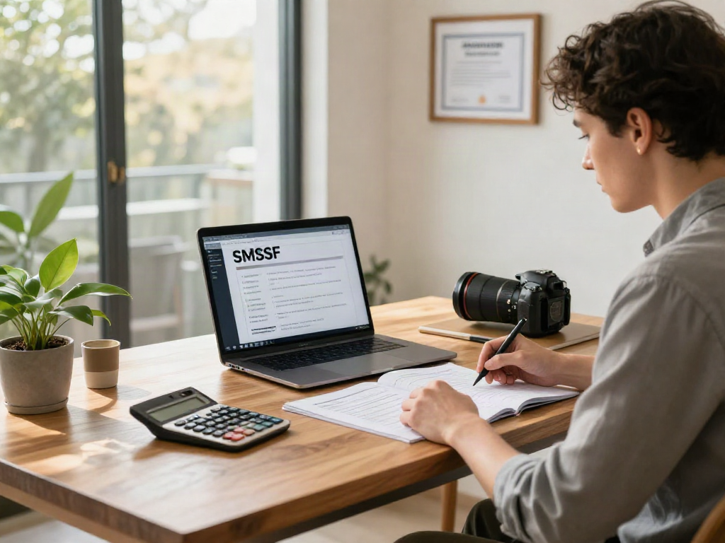 Person reviewing SMSF set up documents at a home office desk with financial planning tools.