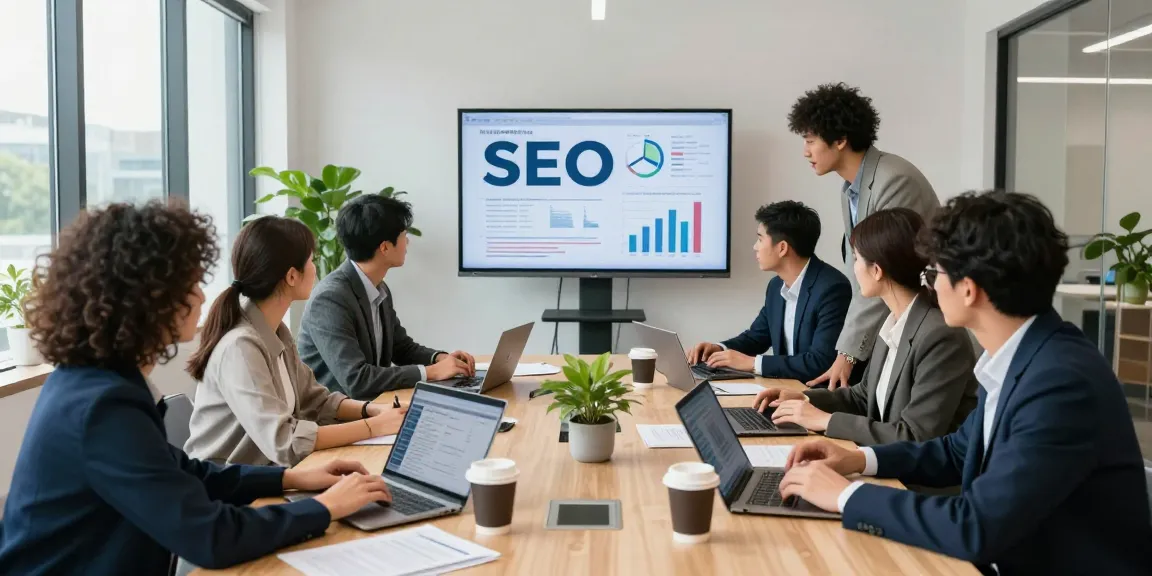 Skilled professionals strategizing SEO backlink services in a vibrant office environment, showcasing teamwork and digital marketing.