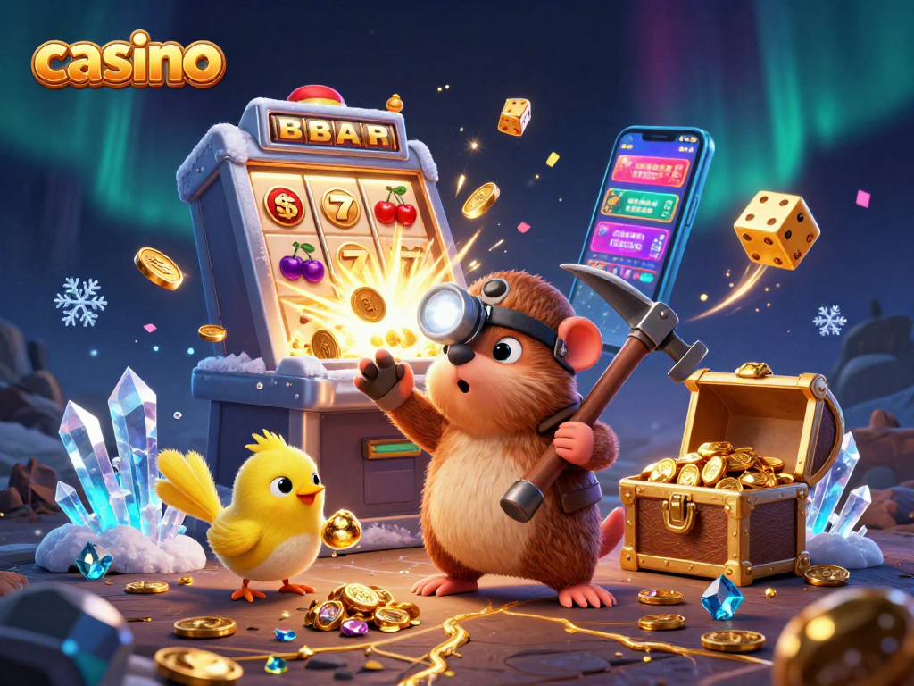 Engaging casino scene with a treasure hunter mole, slot machine explosion, and golden treasures.