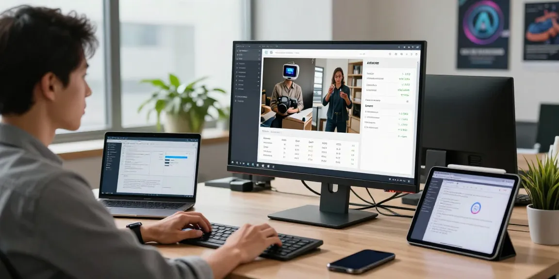 Using a free AI image detector to analyze images on a computer screen in a modern workspace.