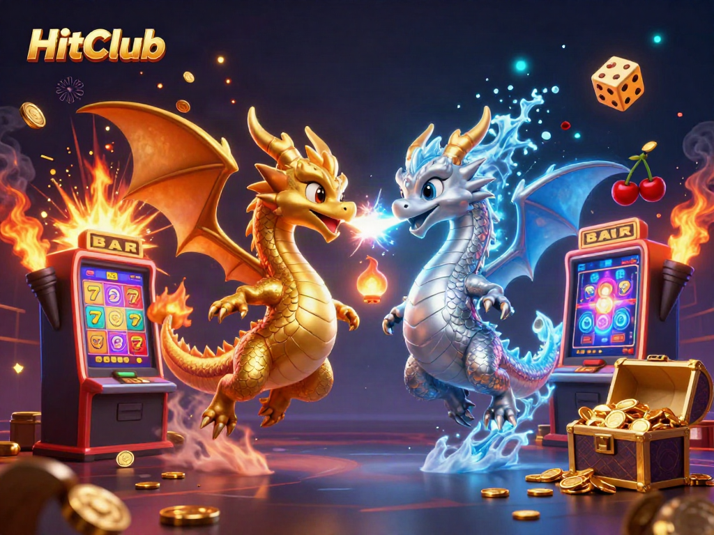 Experience the thrilling gaming world of HitClub with vibrant dragons, slot machines, and dynamic casino elements.