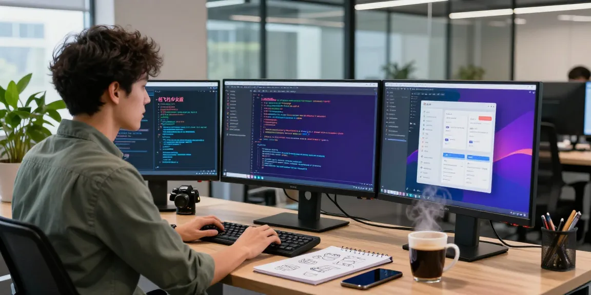Developer coding in modern office with coding displays, showcasing 纸飞机中文版 app design.