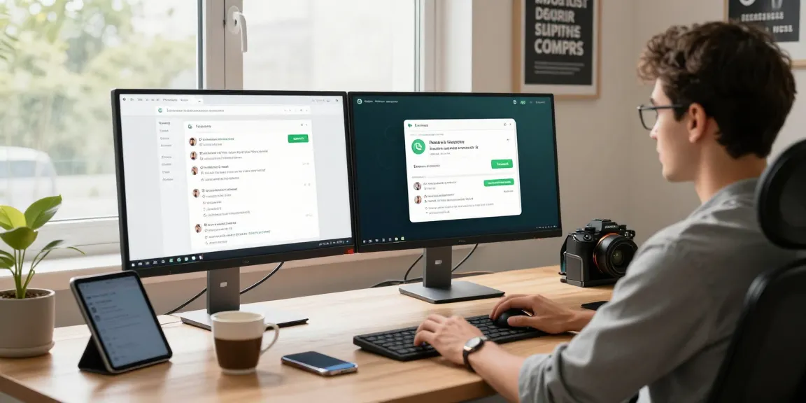 User engaging with WhatsApp網頁版 on a dual monitor setup highlighting chat features and desktop efficiency.