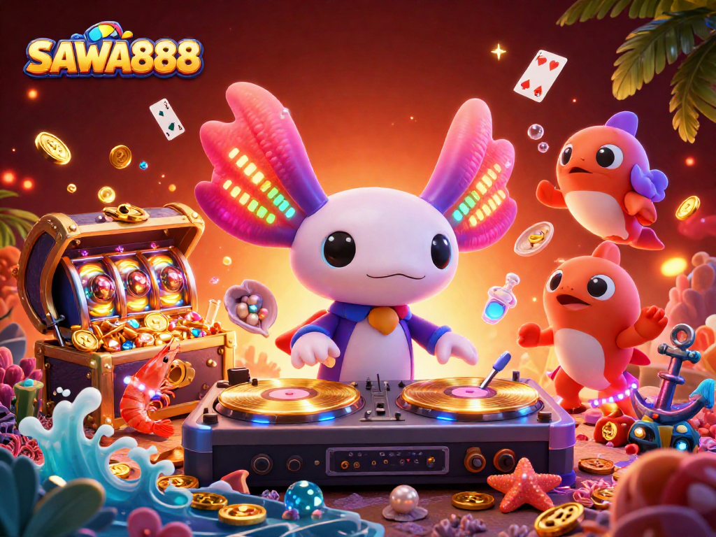 SAWA888 showcases winning strategies with vibrant 3D illustrations of an axolotl DJ and slot games.