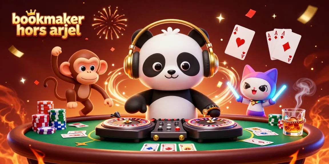 Les événements excitants d'un bookmaker hors ARJEL avec un panda DJ entouré de personnages sur un fond dynamique.